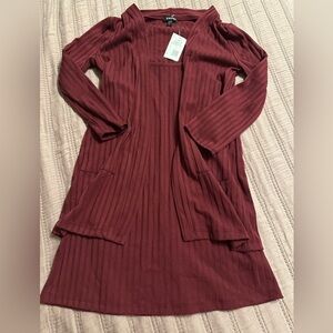 NWT Zunie Ribbed Burgundy Dress with Matching Cardigan